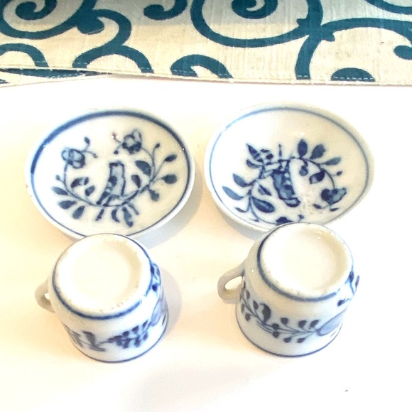 Antique Blue Onion Flow Blue Miniature Pair Porcelain Tea Cup & Saucer Set - Picture 2 of 8